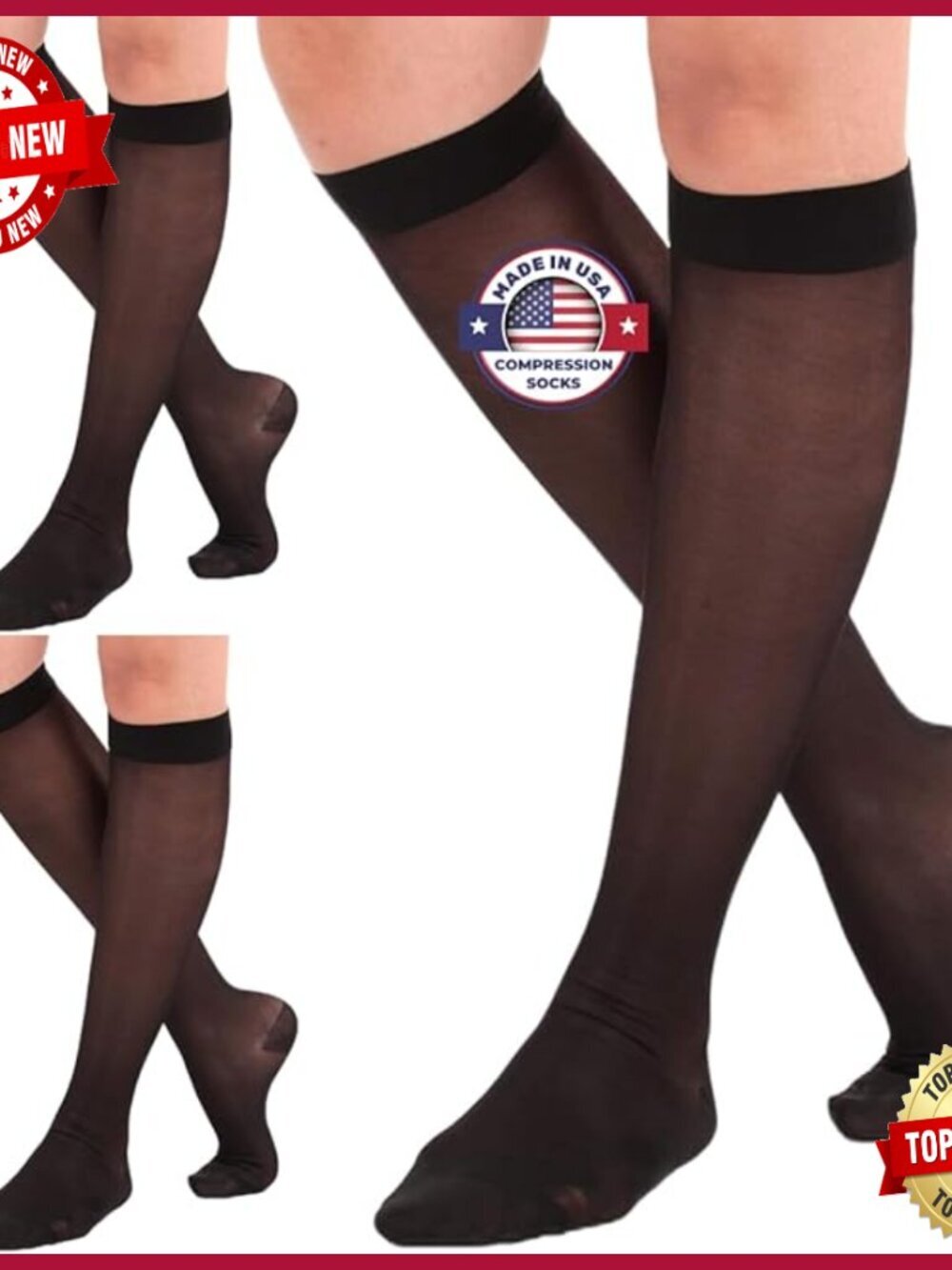 3 Pairs Compression Socks 15-20mmHg Sheer Knee High Support